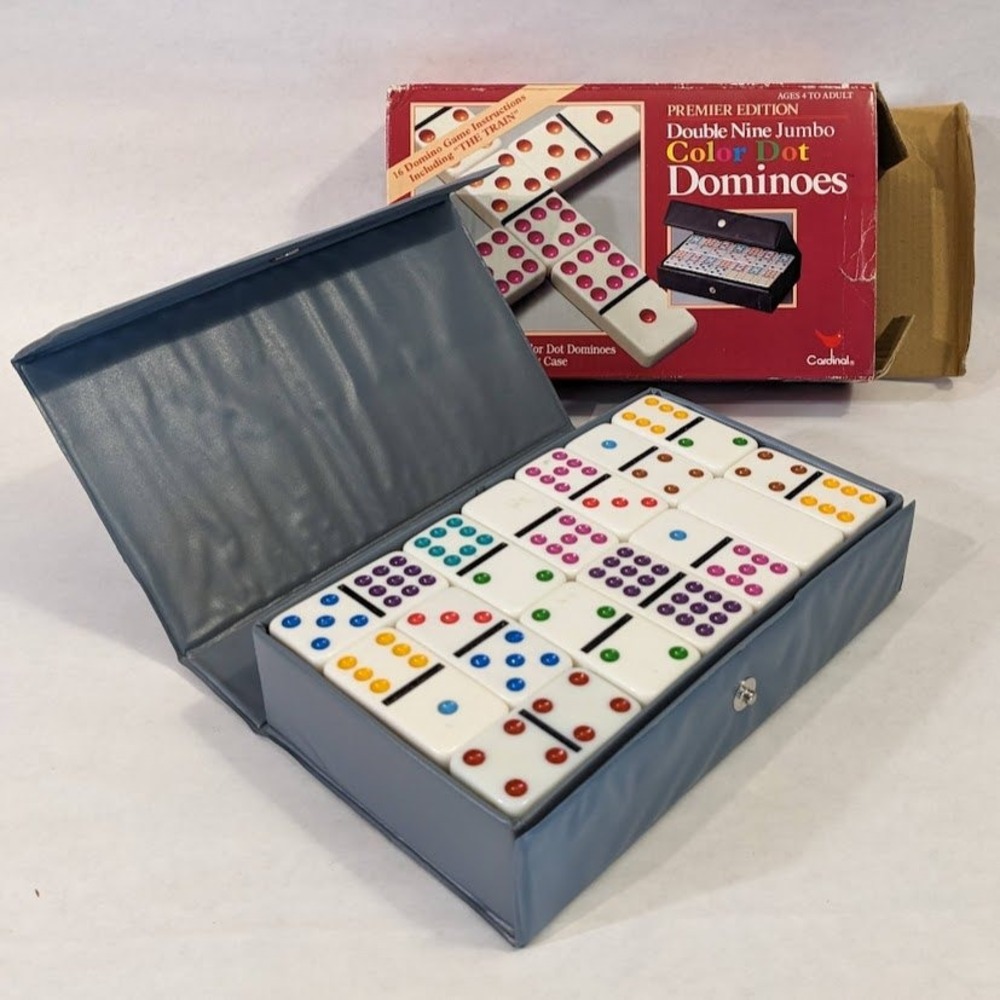 Vtg Cardinal Premier Edition Double Nine Jumbo Color Dot Dominoes 55 Tiles Case